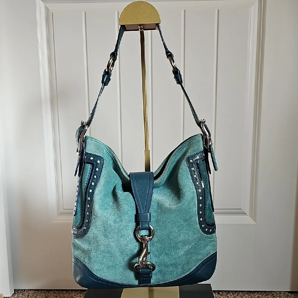 Coach 2006 Hamptons Suede Hobo Bag Teal Blue with Silver Hardware